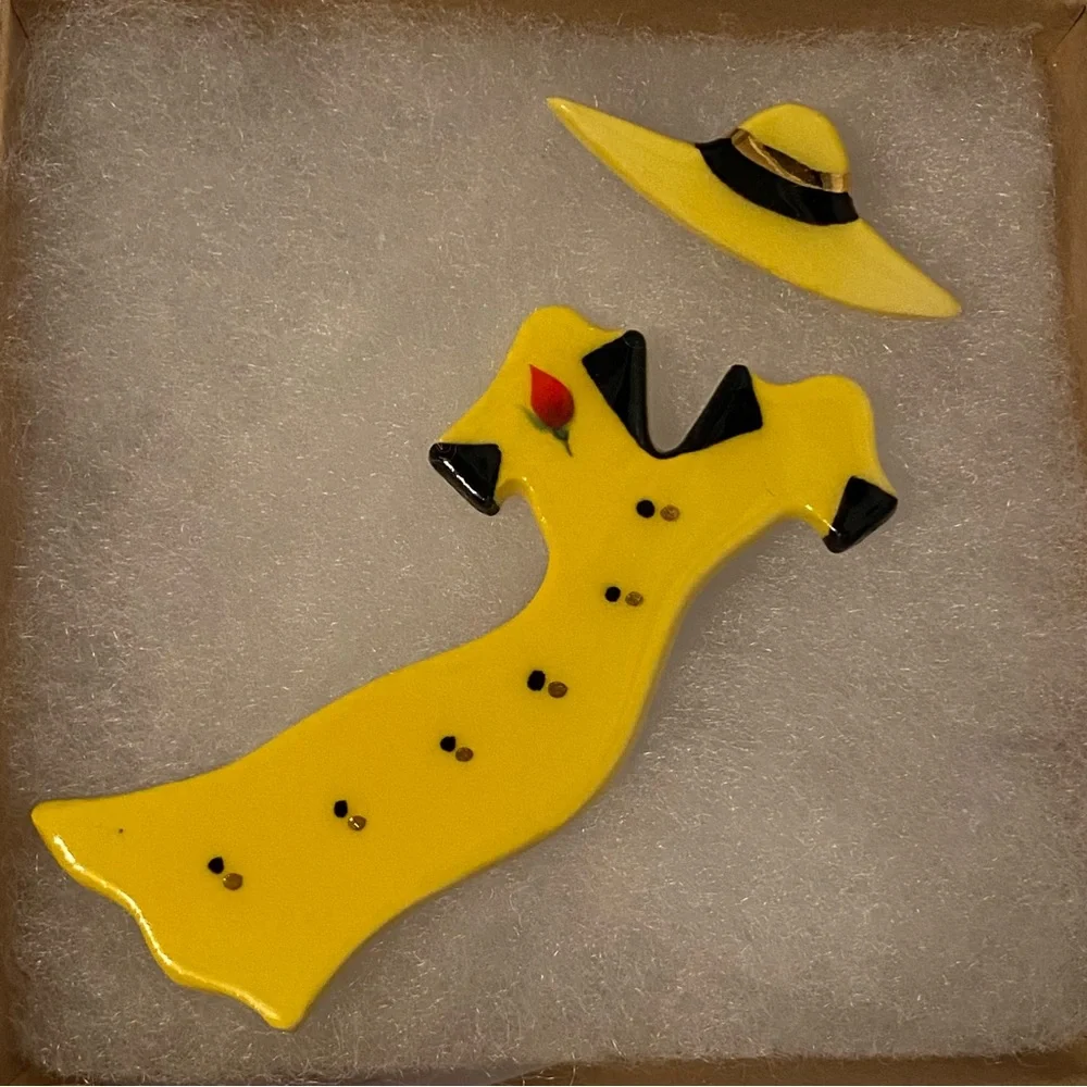 SHARON ROSLUND VINTAGE 1993 BROOCH SIGNED 2 PIECE YELLOW DRESS & HAT HANDMADE